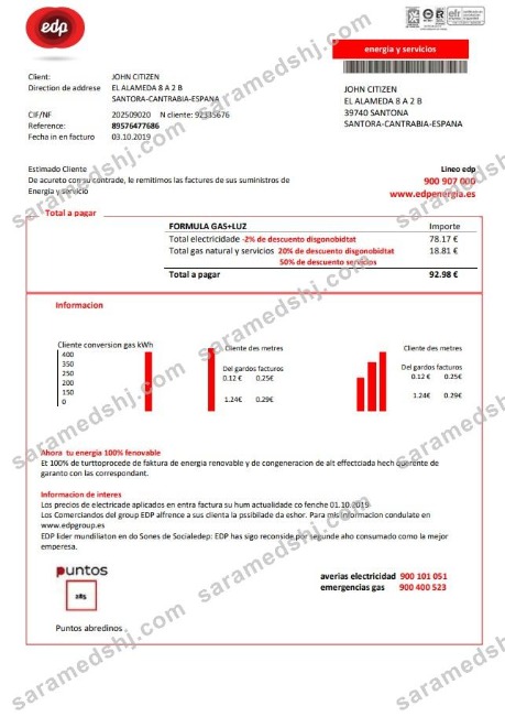 Spain EDP Energia utility bill template in Word and PDF format